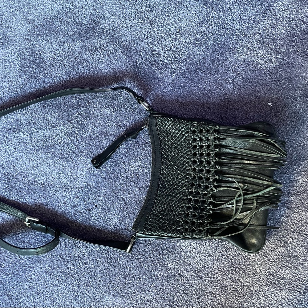 Frye Black Textured Fringe Crossbody Bag